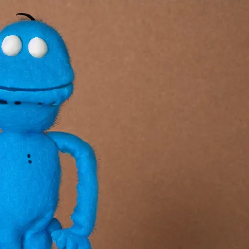 Image similar to mr meeseeks as a muppet. highly detailed blue felt. hyper real photo. 4 k.