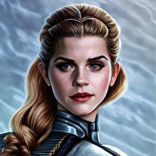 Image similar to A combination of Katheryn Winnick's and Grace Kelly's and Emma Watson's appearances as Solid Snake from Metal Gear Solid, full body portrait, western, D&D, fantasy, intricate, elegant, highly detailed, digital painting, artstation, concept art, matte, sharp focus, illustration, art by Artgerm and Greg Rutkowski and Alphonse Mucha