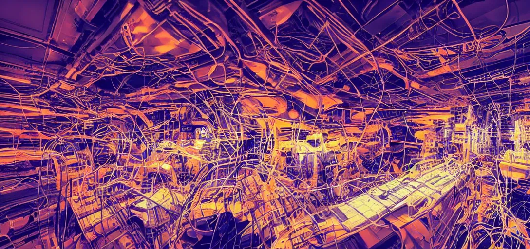 Image similar to sci - fi mothership interior or exteror - machinery, tubes wires path intricate matte painting masterpiece orange blue warm tones quiet