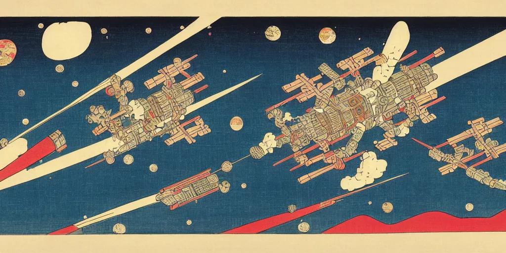 Prompt: A ukiyo-e print of SpaceStation, by Utagawa Hiroshige, trending of artstation, colorful