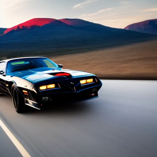 Image similar to black pontiac firebird trans - am driving towards the camera, mountain, valley, sunrise, cinematic, motionblur, sunbeams, volumetric lighting, wide shot, low angle, artstation