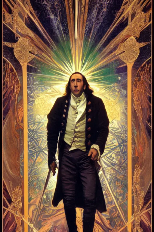 Prompt: a dramatic ethereal epic painting of nicolas cage holding the declaration of independence| tarot card, art deco, art nouveau, realistic | dramatic lighting | by Dresden Codak, by Mark Maggiori and Alphonse Mucha | trending on artstation