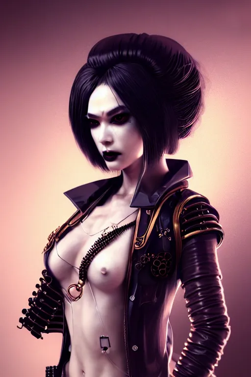Image similar to soft lustrous ivory ebony geisha yakuza raver gutter punk gothic biotech steampunk cyborg, golden ratio, details, scifi, fantasy, cyberpunk, intricate, decadent, highly detailed, digital painting, octane render, artstation, concept art, smooth, sharp focus, illustration, art by artgerm, loish, wlop