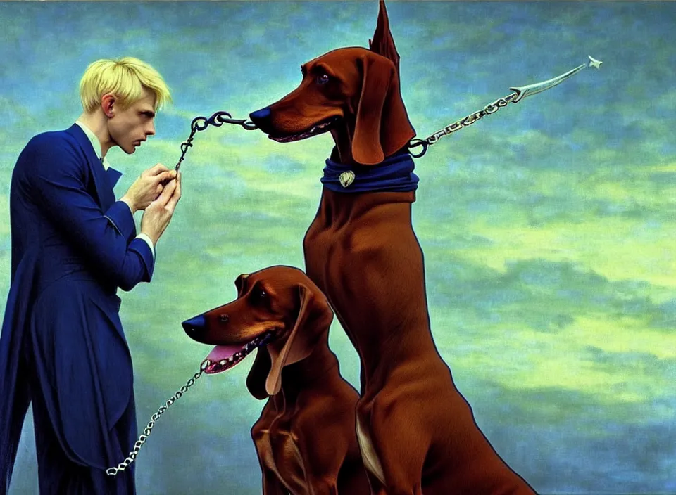 Image similar to realistic detailed portrait movie shot of an elegant blond male vampire with a doberman on a leash, sci fi landscape background by denis villeneuve, amano, yves tanguy, alphonse mucha, max ernst, caravaggio, roger dean, masterpiece, rich cold moody colours, dog teeth, blue eyes