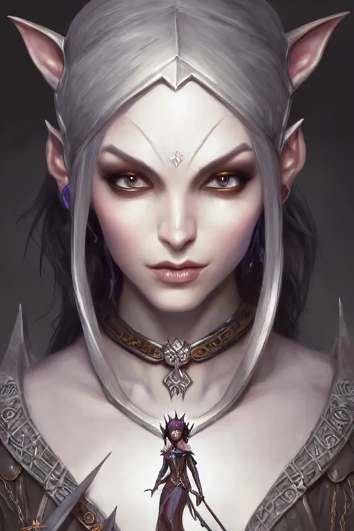 Image similar to dark elf princess, highly detailed, d & d, fantasy, highly detailed, digital painting, trending on artstation, concept art, sharp focus, illustration, global illumination, shaded, art by artgerm and greg rutkowski and fuji choko and viktoria gavrilenko and hoang lap