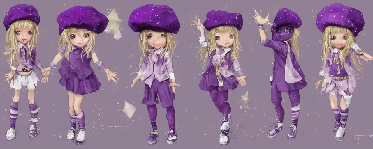 Image similar to A character sheet of a cute magical girl with short blond hair and freckles wearing an oversized purple Beret, Purple overall shorts, Short Puffy pants made of silk, pointy jester shoes, a big scarf, and white leggings. Rainbow accessories all over. Covered in stars. Short Hair. By Seb McKinnon. By WLOP. By Artgerm. By william-adolphe bouguereau. Jean-Baptiste de Champaigne. Decora Fashion. harajuku street fashion. Kawaii Design. Intricate. Highly Detailed. Digital Art. Fantasy. CGSociety. Sunlit. 4K. UHD. HyperMaximalist. Denoise. Hyper realistic.