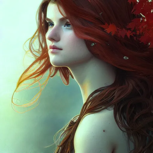 Image similar to girl with super long hair, hair becoming autumn red leaves, intricate, highly detailed, digital painting, artstation, concept art, smooth, sharp focus, illustration, unreal engine 5, 8 k, art by artgerm and greg rutkowski and alphonse mucha