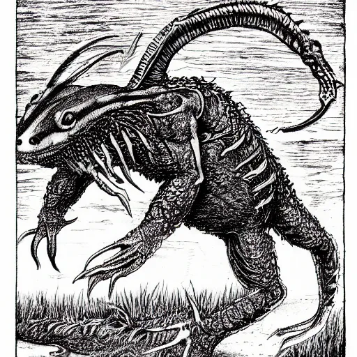 Image similar to a montauk monster as a D&D monster, full body, pen-and-ink illustration, etching, by Russ Nicholson, DAvid A Trampier, larry elmore, 1981, HQ scan, intricate details, Monster Manula, Fiend Folio