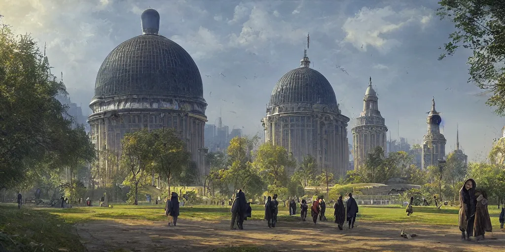 Image similar to a solarpunk city and park with a glorious domed building at its centre, Greg Rutkowski and Ivan Shishkin