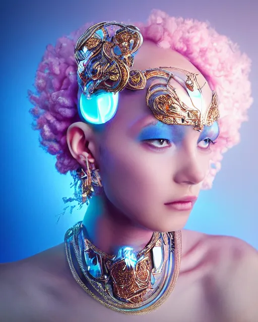 Image similar to natural light, soft focus portrait of an android with soft synthetic pink skin, blue bioluminescent plastics, smooth shiny metal, elaborate ornate head piece, piercings, skin textures, by annie liebovotz,