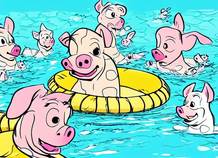 Image similar to one dalmatian piglet surrounded by chickadees in a swimming pool. comic style