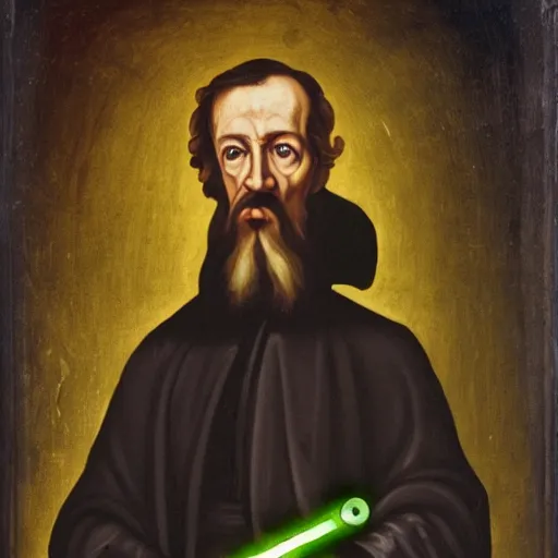 Prompt: the theologian John Calvin holding a lightsaber