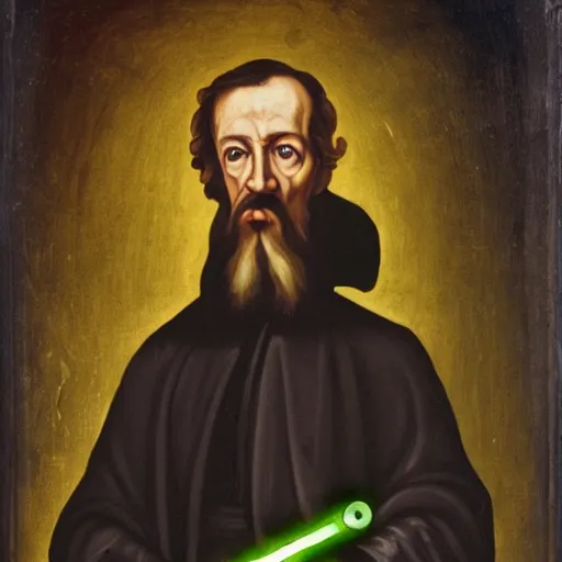 Image similar to the theologian John Calvin holding a lightsaber