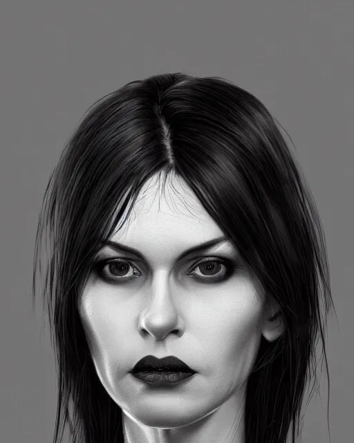 Image similar to portrait of a tall 4 0 - year - old woman, very thin lips, long, lush unkempt black hair, and thick eyebrows, wearing in black clothes, hyper realistic face, beautiful eyes, character art, art by mark brooks, hyperdetailed, cryengine, trending on artstation, digital art