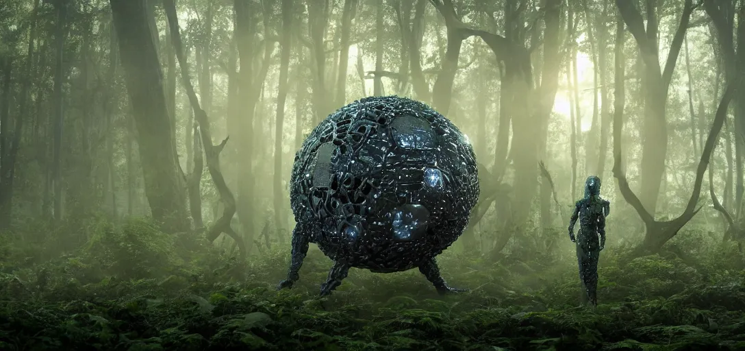 Prompt: a complex organic fractal 3 d metallic symbiotic ceramic humanoid megastructure creature in a swampy lush forest, foggy, sun rays, cinematic shot, photo still from movie by ari aster