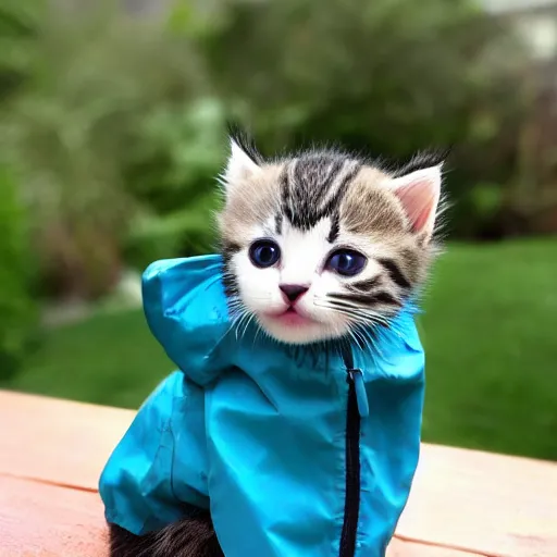 Image similar to a cute kitten wearing a raincoat