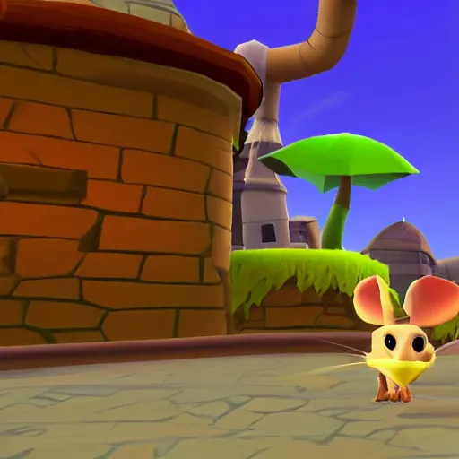 Prompt: screenshot of a cute inspector mouse with a brown trenchcoat as an npc in spyro the dragon video game, with playstation 1 graphics, activision blizzard, upscaled to high resolution