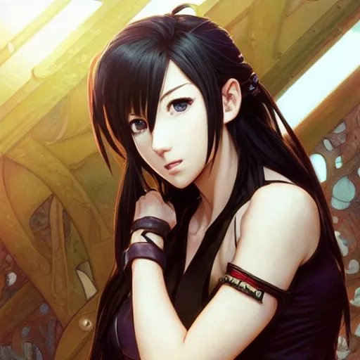 Prompt: highly detailed vfx portrait of tifa lockhart by eiichiro oda, makoto shinkai, alphonse mucha, sharp focus, art by artgerm and greg rutkowski!, backlit, harsh overhead sunlight, blue eyes!!, aquiline nose!!, stanley kybric, kaoru mori, hyper detailed, smooth pixiv, fanbox