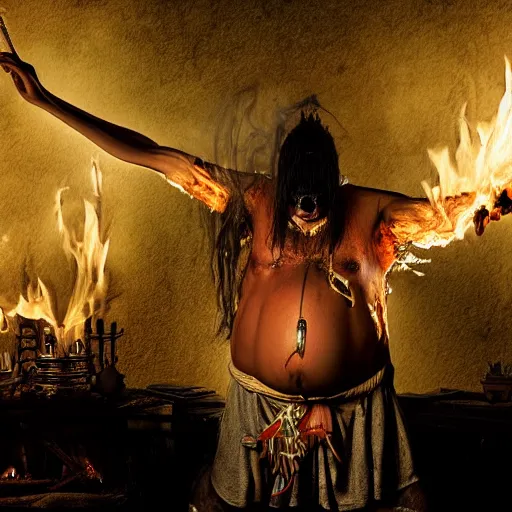 Image similar to a photorealistic of a terrible horrific shaman in a ritual of fire destruction death and incense, a strong pain appears in the belly and goes into a trance