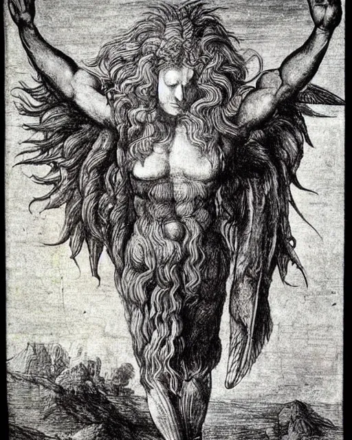 Image similar to human / eagle / lion / ox hybrid with two horns, one big beak, mane, human body. drawn by leonardo da vinci