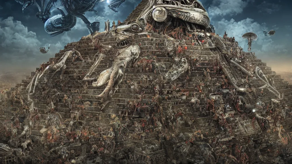 Prompt: aliens brainsuckers kills aztec humans on top of aztec pyramids, full size, perfect faces, fine details, studio lighting, close up view, subtle shadows, art by katsuya terada, photorealism, hyper realism, octane render, hyper detailed, medium shot, 8 k, raw, unedited, in - frame,