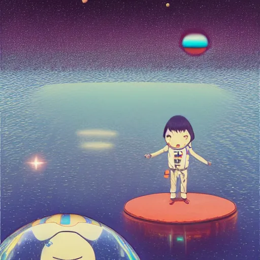 Prompt: a man walking on water under the stars by takashi murakami, beeple and james jean, aya takano color style, 4 k, super detailed