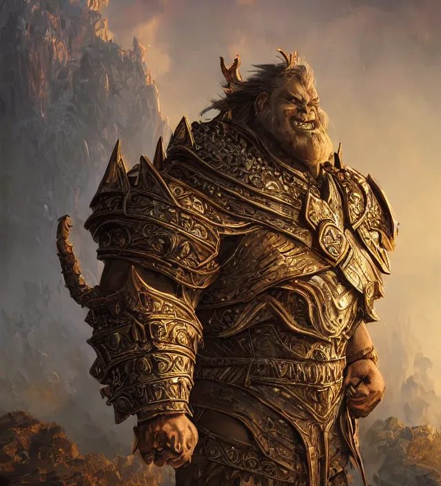 Image similar to a dungeons and dragons storm giant portrait, intricate ornate armor, subject in the middle of the frame, rule of thirds, golden ratio, elegant, digital painting, octane 4k render, zbrush, hyperrealistic, artstation, concept art, smooth, sharp focus, illustration from Warcraft by Ruan Jia and Mandy Jurgens and Artgerm and William-Adolphe Bouguerea