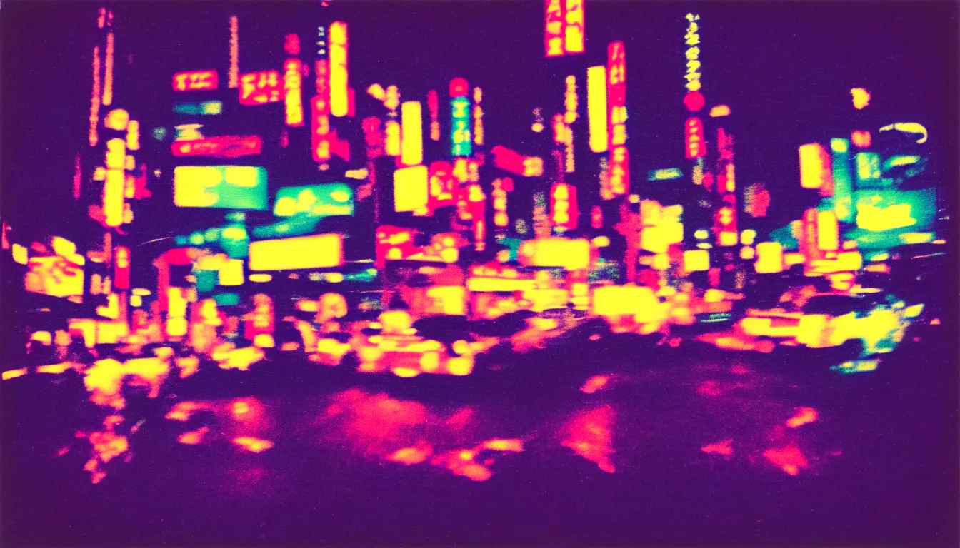 Prompt: colorful instant photograph of tokyo at night, polaroid, light leak, raw, nostalgic