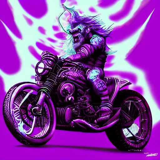 Image similar to psychedelic blacklight airbrush artwork, motorcycle, hyper stylized action shot of an orc biker riding a motorcycle, clear focused details, soft airbrushed artwork, black background, cgsociety, artstation