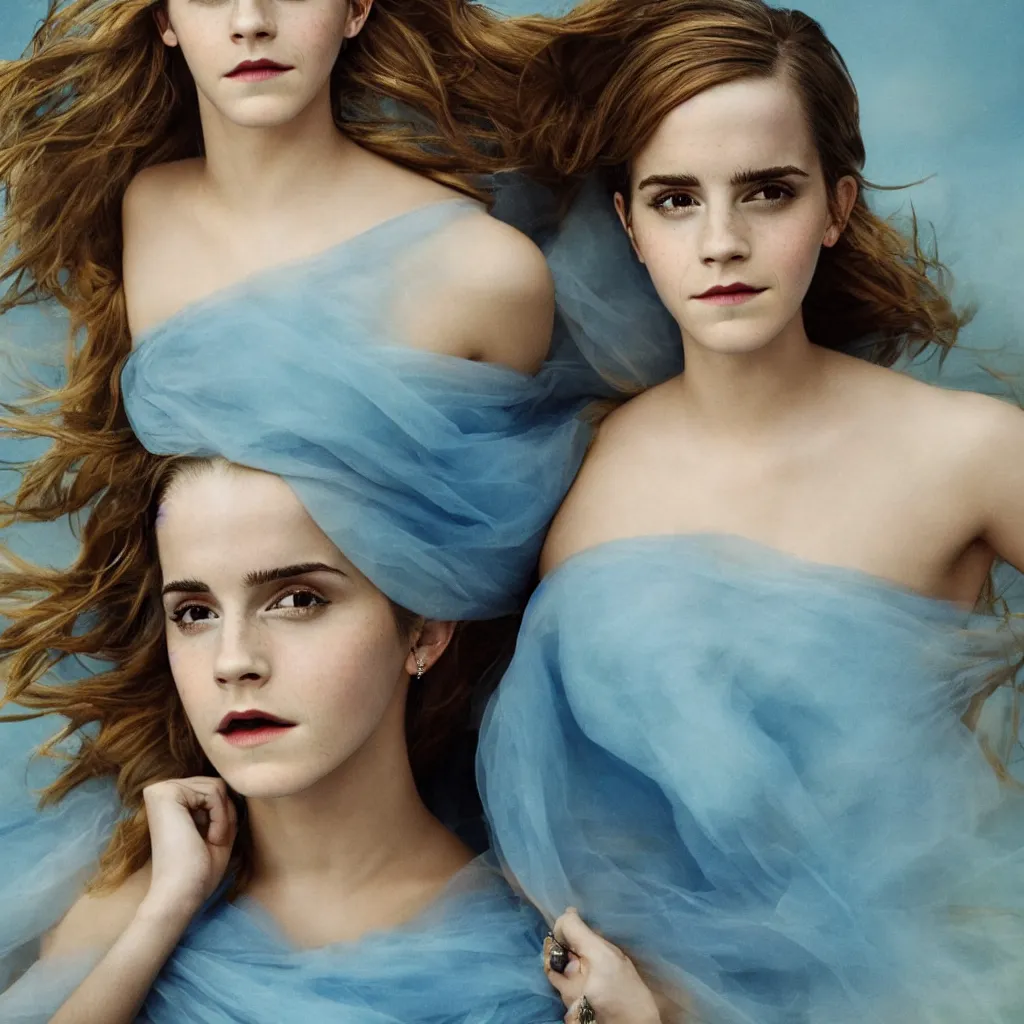 Prompt: emma watson, goddess venus, beautiful natural light, blue hour, by annie leibowitz