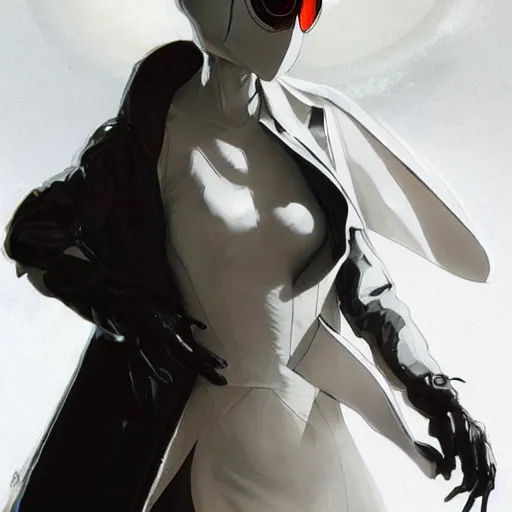 Prompt: full body portrait of a character in sleek clothes, in a futuristic flowing white tailcoat, wearing a white insectoid mask with five round lenses for eyes, many eyes, dramatic lighting, illustration by Greg rutkowski, yoji shinkawa, 4k, digital art, concept art, trending on artstation