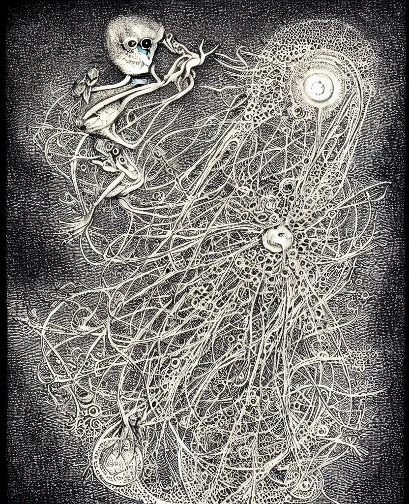 Image similar to whimsical freaky creature sings a unique canto about'as above so below'being ignited by the spirit of haeckel and robert fludd, breakthrough is iminent, glory be to the magic within, stipple shaded drawing by ronny khalil