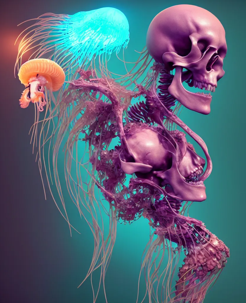 Image similar to goddess close-up portrait human skeleton, ram skull, jellyfish, orchid, betta fish, bioluminiscent, intricate artwork by Tooth Wu and wlop and beeple. octane render, trending on artstation, greg rutkowski very coherent symmetrical artwork. cinematic, hyper realism, high detail, octane render, 8k