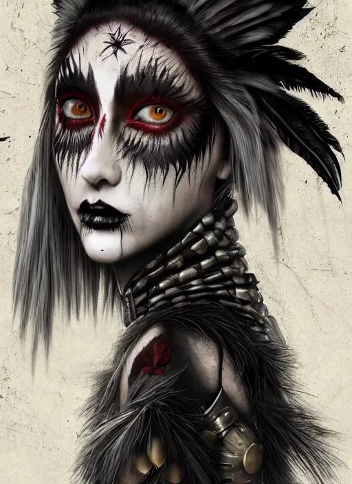 Image similar to digital art of a young woman in dark shamanistic ritual clothing accented by black feathers, dark ravenlike makeup on her face, post apocalyptic, dystopian, high resolution, highly detailed, fallout, raider, 4 k, artstation, sharp lines