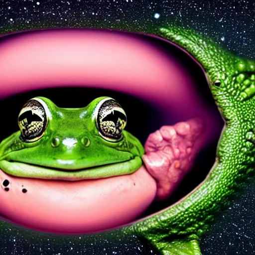 Prompt: the universe inside a frogs' mouth