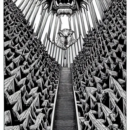 Image similar to a huge howling angry wolf in a huge bright maze of many doorways and lots of stairs, many doorways, inside MC Escher architecture, artstation, Junji Ito, epic composition, detailed background