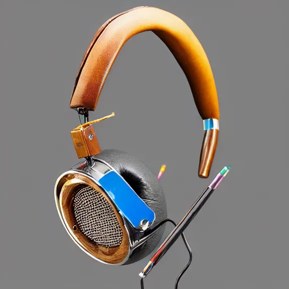 Image similar to masterpiece photo of beautiful hand crafted artistic detailed transparent headphones, bismuth rainbow metal, electronics see through, plush leather pads, displayed on mahogany desk, modernist headphones, bismuth beautiful well designed, hyperrealistic, audiophile, intricate hyper detail, extreme high quality, photographic, audeze, sennheiser, raal, bang olufsen, abyssal