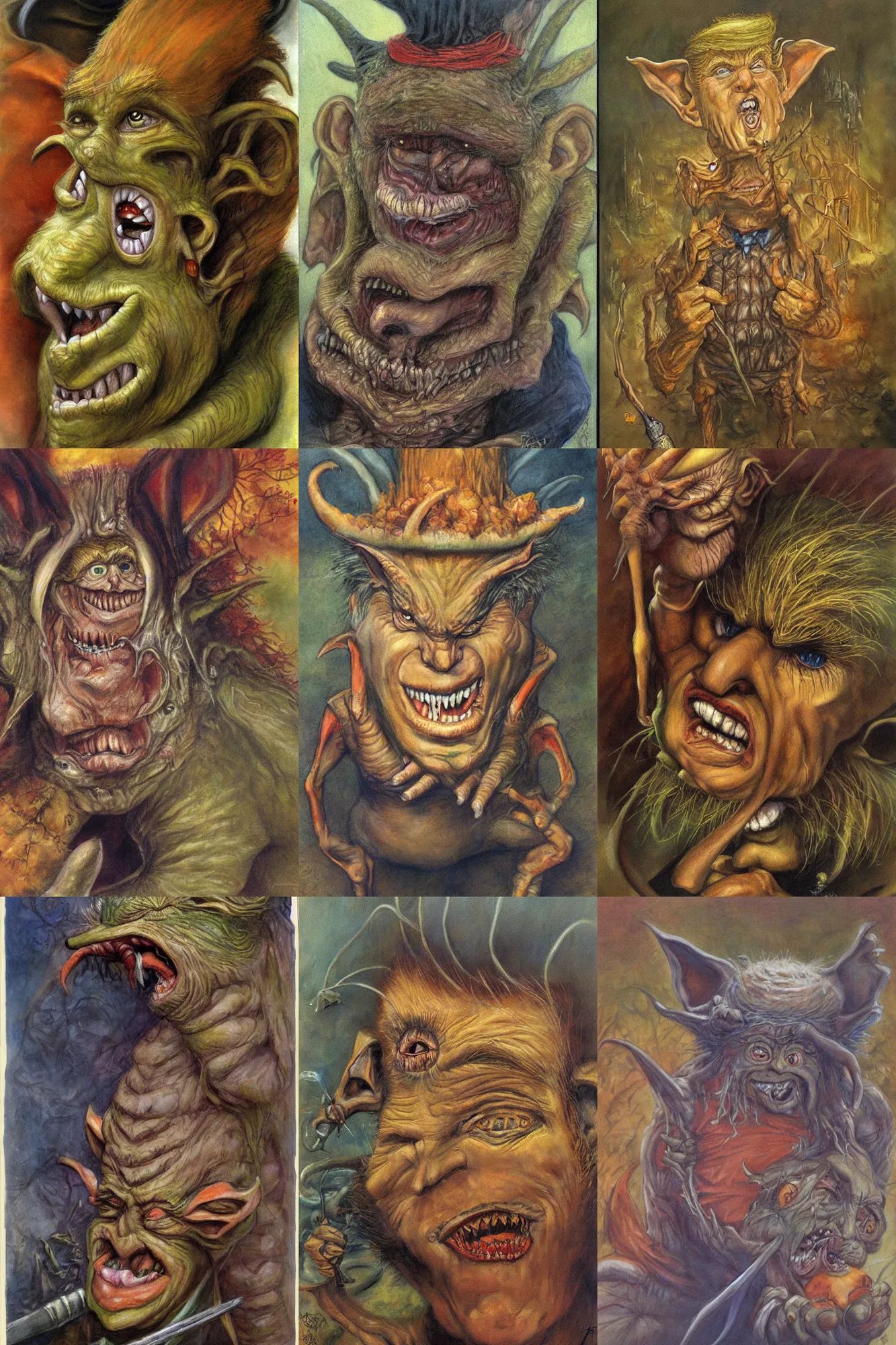 Prompt: painting of Donald Trump as a goblin painted by Brian Froud, masterpiece, muted colors, autumn, folklore