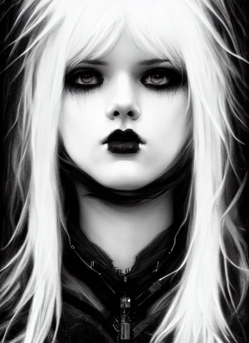 Image similar to portrait of white teenage girl, normal face, black bangs, mall goth, cyberlox, black and white hair, bangs, fluffy bangs, intricate, elegant, highly detailed, digital painting, artstation, concept art, sharp focus, smooth, illustration, art by wlop, mars ravelo and greg rutkowski