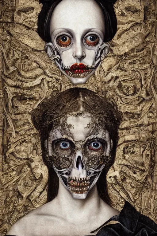 Prompt: Detailed maximalist portrait with large lips and with large wide eyes, sad expression, skeletal, HD mixed media, 3D collage, highly detailed and intricate, surrea, illustration in the style of Caravaggio, dark art, baroque