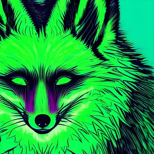 Prompt: digital neon green fox, retrowave palette, green digital world, highly detailed, electric breeze, anatomically correct vulpine, synth feel, fluffy face, ear floof, flowing fur, super realism, accurate animal imagery, 4 k digital art