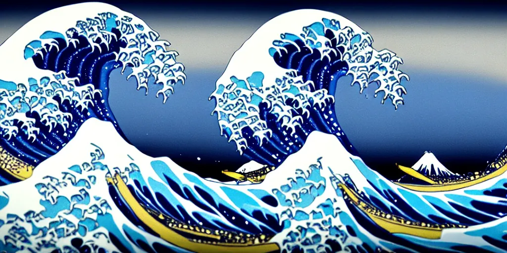 Image similar to A beautiful sculpture of the great wave off kanagawa as ice cream, photorealistic, cinematic framing, 3d render, ultra wide angle, very detailed, 8k post-processing, volumetric lighting, light background, shot in 35mm, film grain, soft edges, unreal engine 5