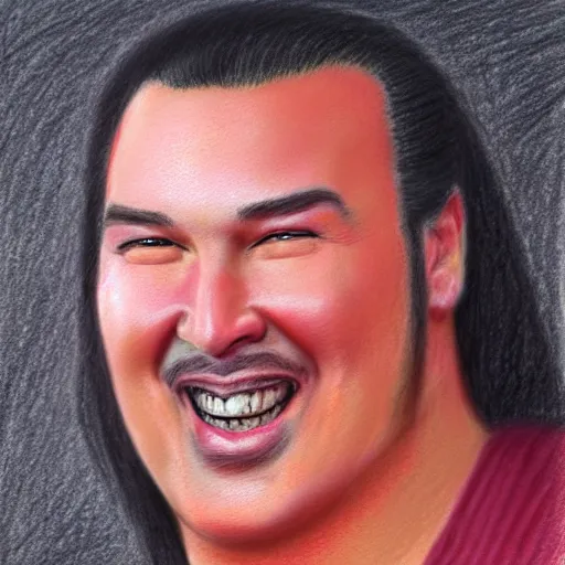 Image similar to a pastel drawing of early 90's Steven Seagal with a big smile on his face, highly detailed, bright, trending on artstation