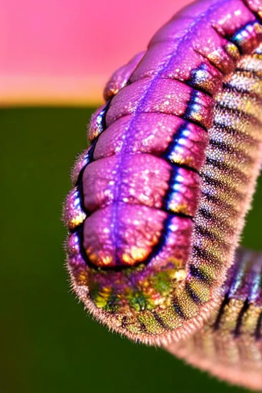 Image similar to high quality close-up photo iridescent caterpillar! gorgeous highly detailed david ligare elson peter cinematic pink lighting high quality low angle hd 8k sharp shallow depth of field