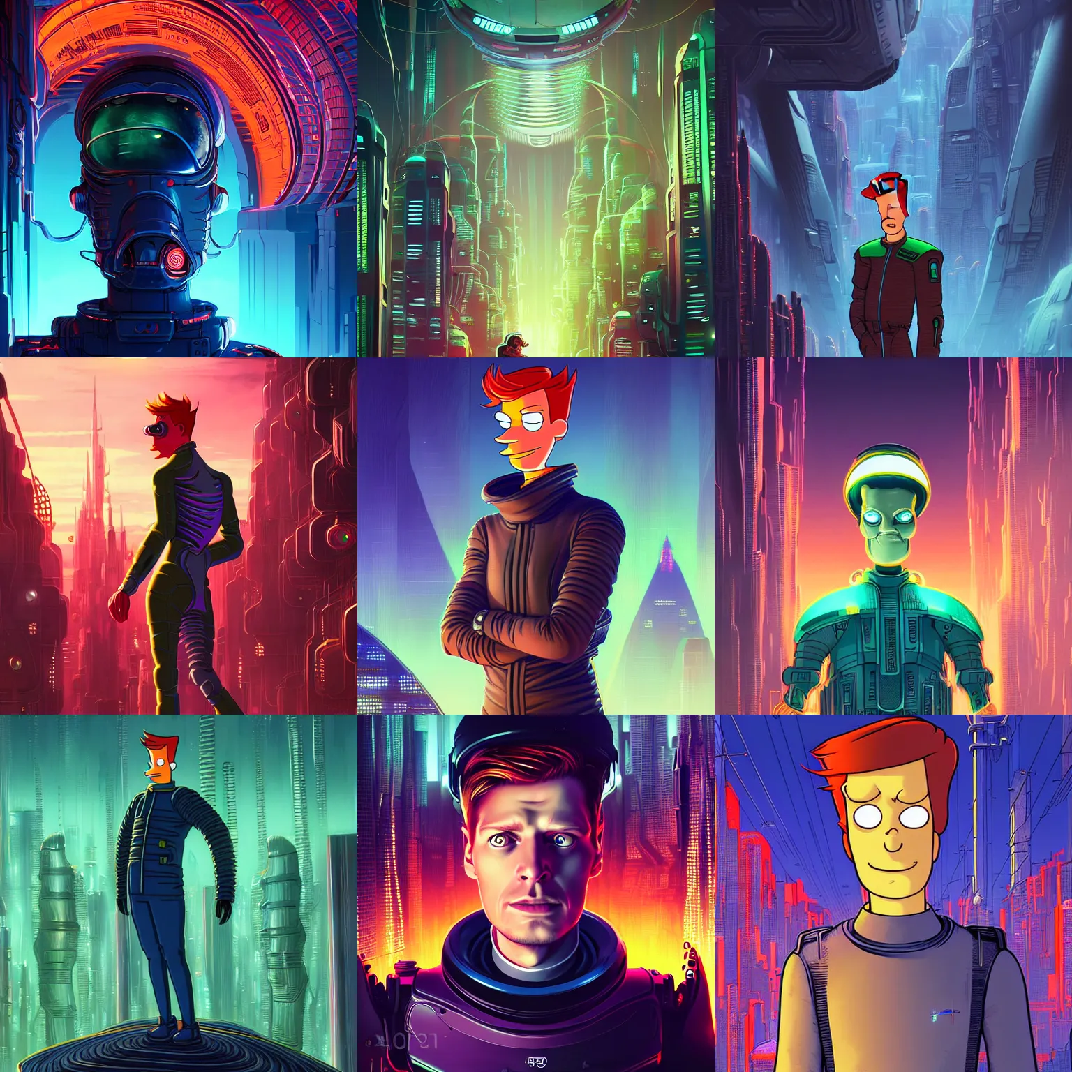 Prompt: portrait philip j. fry from futurama inside an scifi tentacles wires futuristic city, cinematic, highly detailed, photorealistic, rich bright colors, trending on artstation, giger, tsutomu nihei, trending on cgsociety, awe inspiring bruce pennington cityscape, digital art painting of 1 9 6 0 s