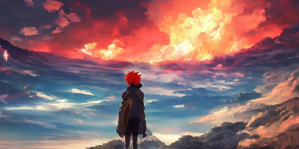 Image similar to anime character watching an apocalyptic landscape with mountains and the clouds are burning, hyperrealistic, trending on pixiv fanbox