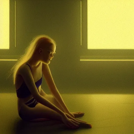 Prompt: silhouette of a Elle Fanning gazing in a mirror, pitch black room, extremely detailed realist masterpiece, oil on canvas, low-key neon lighting, artstation, Blade Runner 2049, Roger Deakin’s cinematography, by Edward Hopper and Adam Miller,