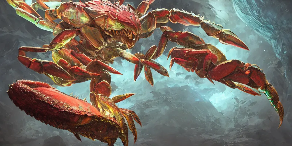 Image similar to Iridescent crab seamonster, character design sheet, Monster Hunter Illustrations art book, diamond sharp claws, huge arms, iridescent shards on its back, Moebius, Greg Rutkowski, Zabrocki, Karlkka, Jayison Devadas, Phuoc Quan, trending on Artstation, 8K, ultra wide angle, zenith view, pincushion lens effect.