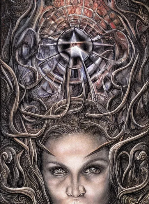 Image similar to supernatural ideal cult leader, extra - sensory perception and parapsychology, showing hidden knowledge from dark ritual book, intricate detail, surrealism masterpiece composition, by julie bell