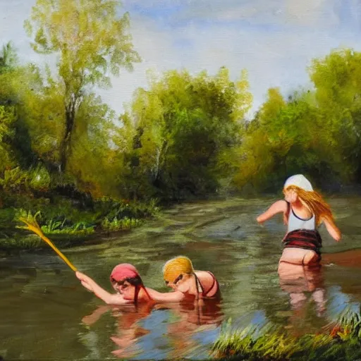 Image similar to two slavic girls splashing in the riverbank, enviroment painting,